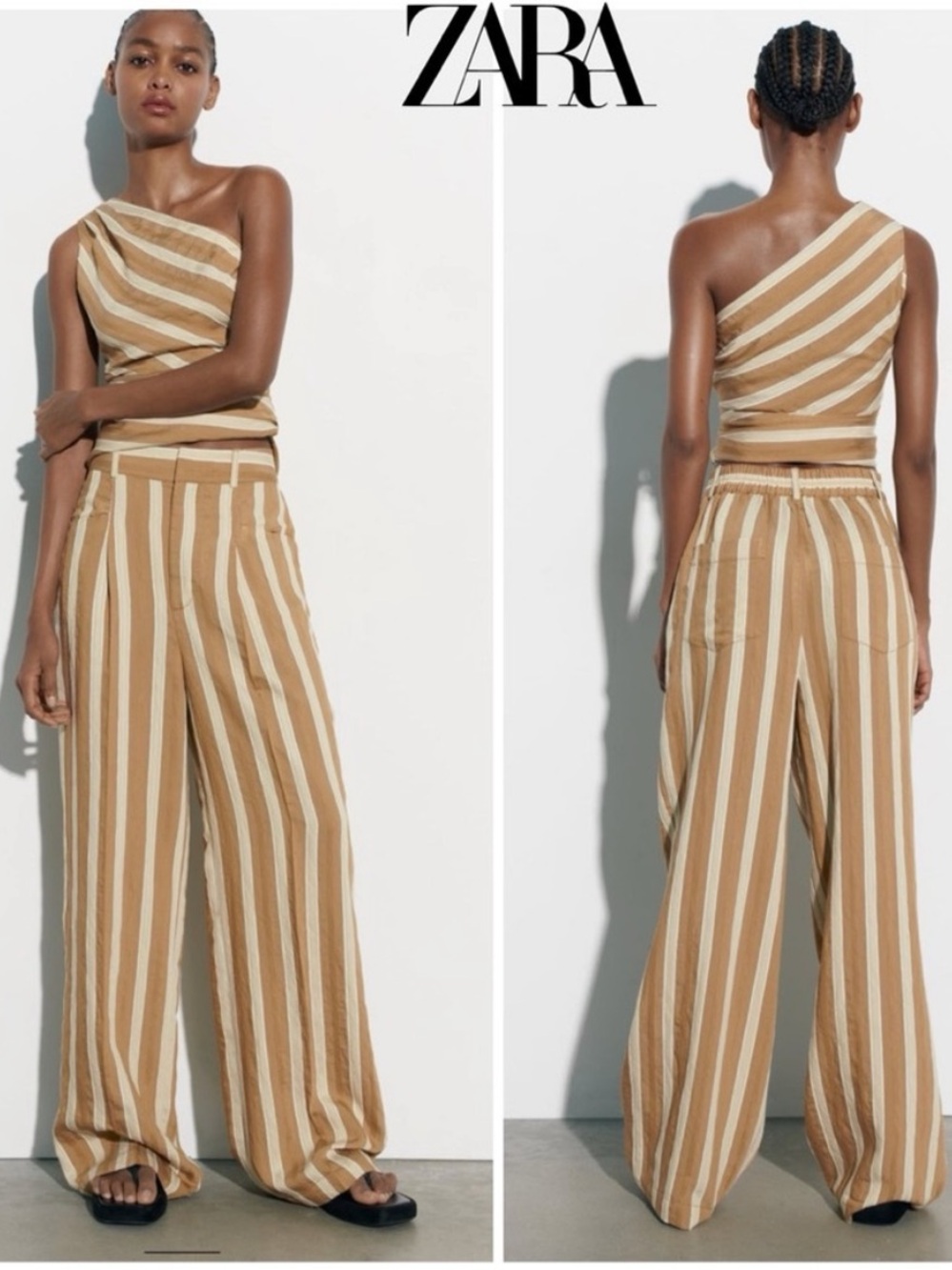 Zara Beige and White Striped One-Shoulder Top with Wide-Leg Pants